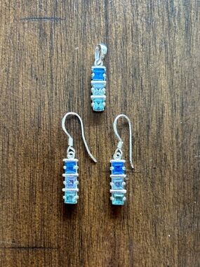 Sterling Silver Blue and Aqua Inlay Pendant & Earrings Set